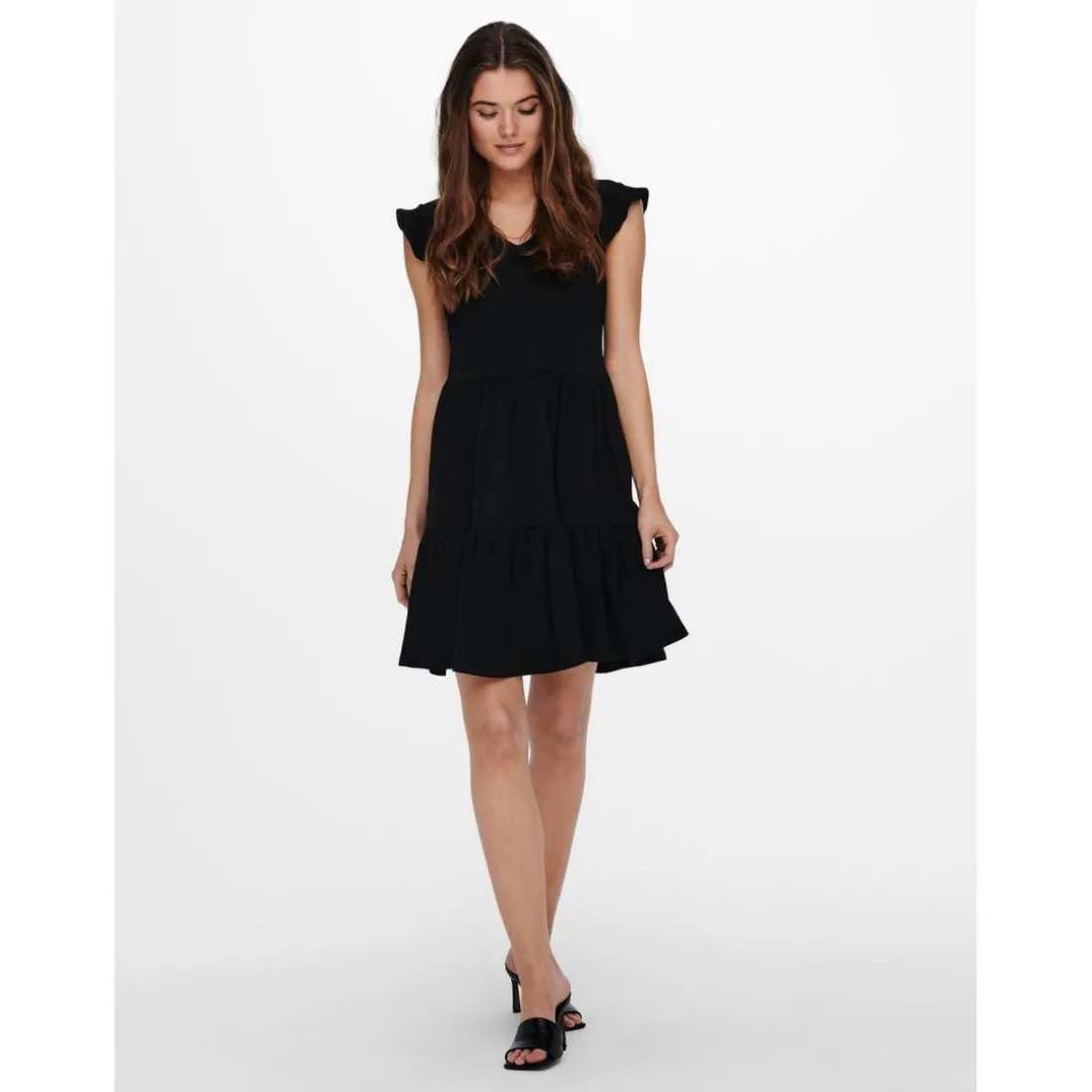 Robe courte Col rond Manches courtes Au-dessus du genou noir en coton Lana
