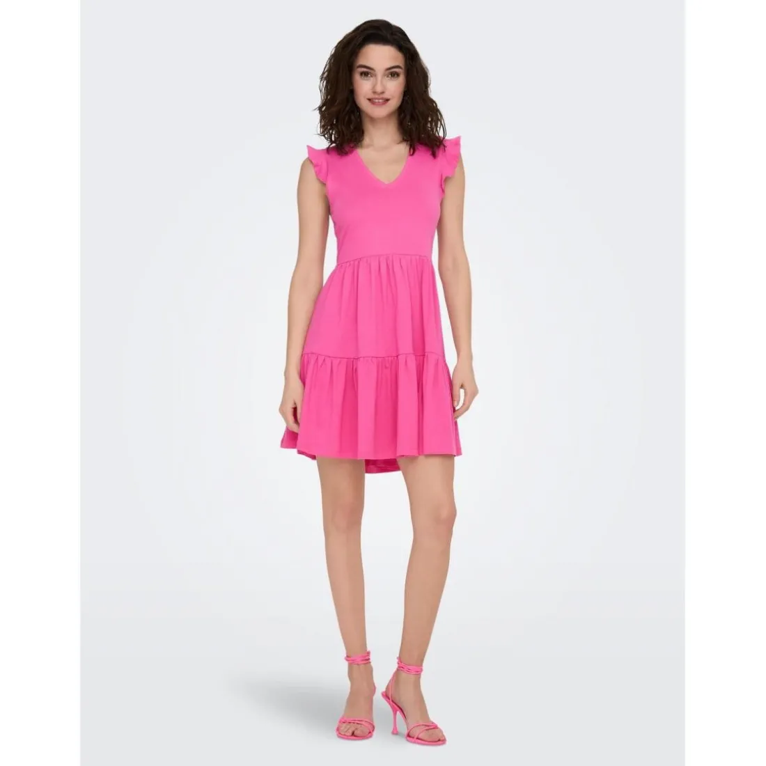 Robe courte Col rond Manches courtes Au-dessus du genou rose en coton