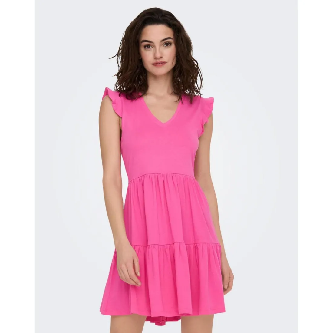 Robe courte Col rond Manches courtes Au-dessus du genou rose en coton