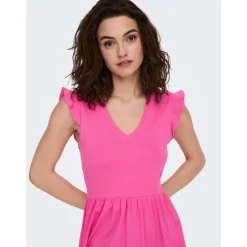 Robe courte Col rond Manches courtes Au-dessus du genou rose en coton