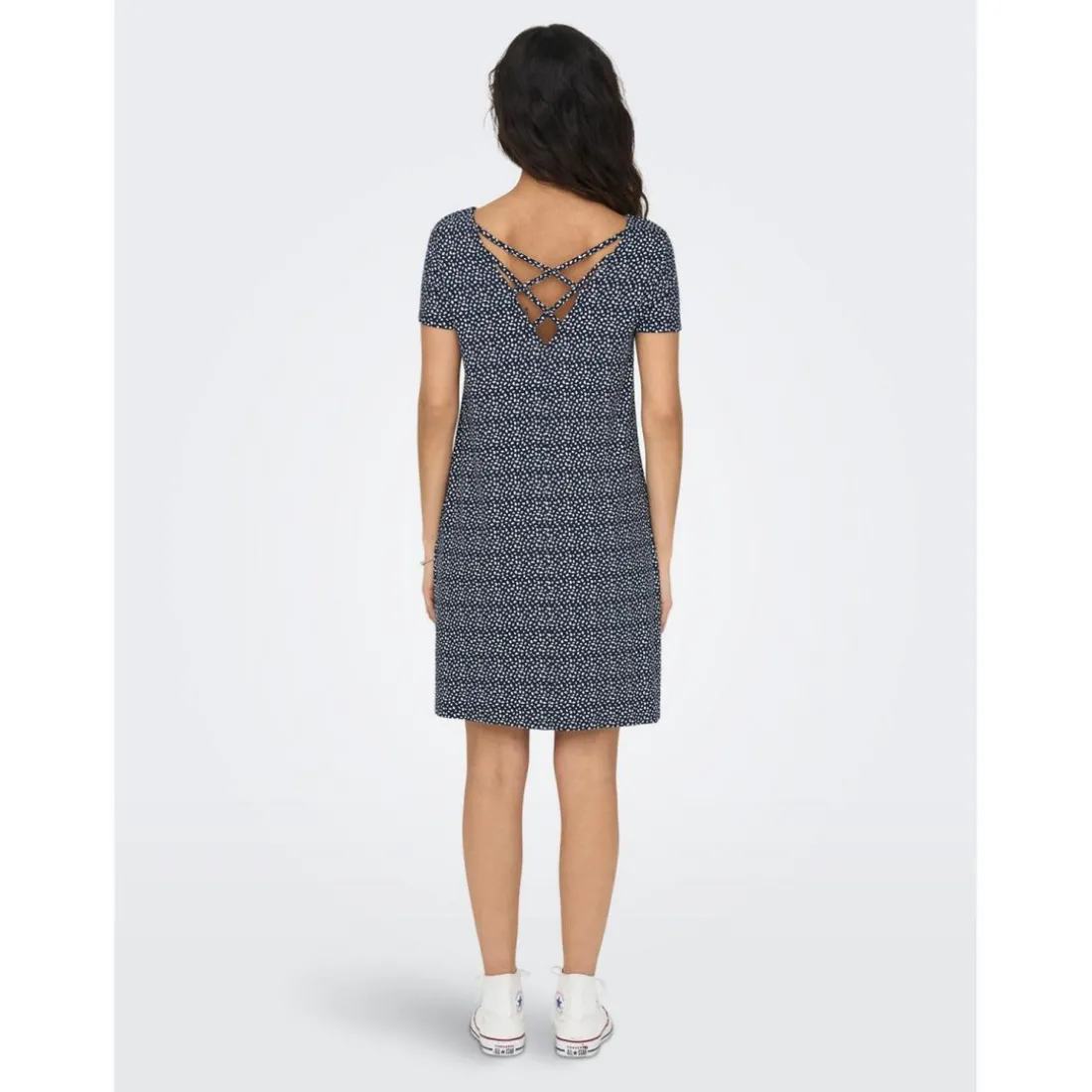 Robe courte Col rond Manches courtes Dentelle féminine Au-dessus du genou bleu en viscose
