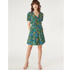 Robe courte impirmée portefeuille vert en viscose