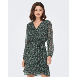 Robe courte Imprimé all over Col en V Manches 3/4 Ceinture accentuant la taille vert