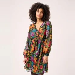 Robe courte imprimée avec col V et manches longues noir