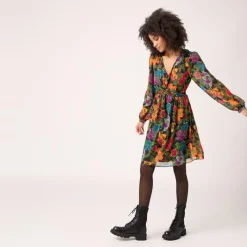 Robe courte imprimée avec col V et manches longues noir