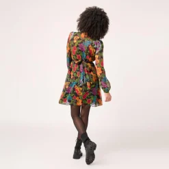 Robe courte imprimée avec col V et manches longues noir