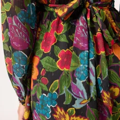 Robe courte imprimée avec col V et manches longues noir