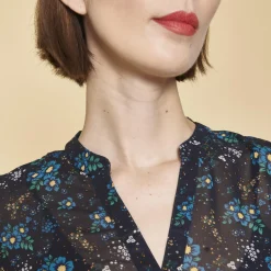 Robe courte imprimée col mao manches longues bas volanté femme - Imprimé Bleu Indigo