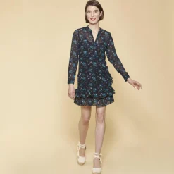 Robe courte imprimée col mao manches longues bas volanté femme - Imprimé Bleu Indigo