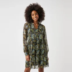 Robe courte imprimée col nouette bleu