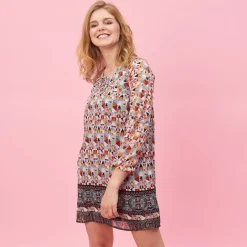 Robe courte imprimée col V et cordons manches longues élastiquées femme - Imprimé Beige multicolore