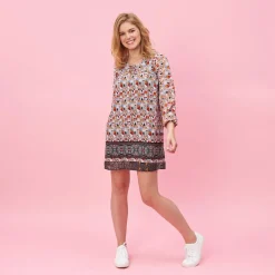 Robe courte imprimée col V et cordons manches longues élastiquées femme - Imprimé Beige multicolore