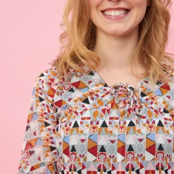 Robe courte imprimée col V et cordons manches longues élastiquées femme - Imprimé Beige multicolore