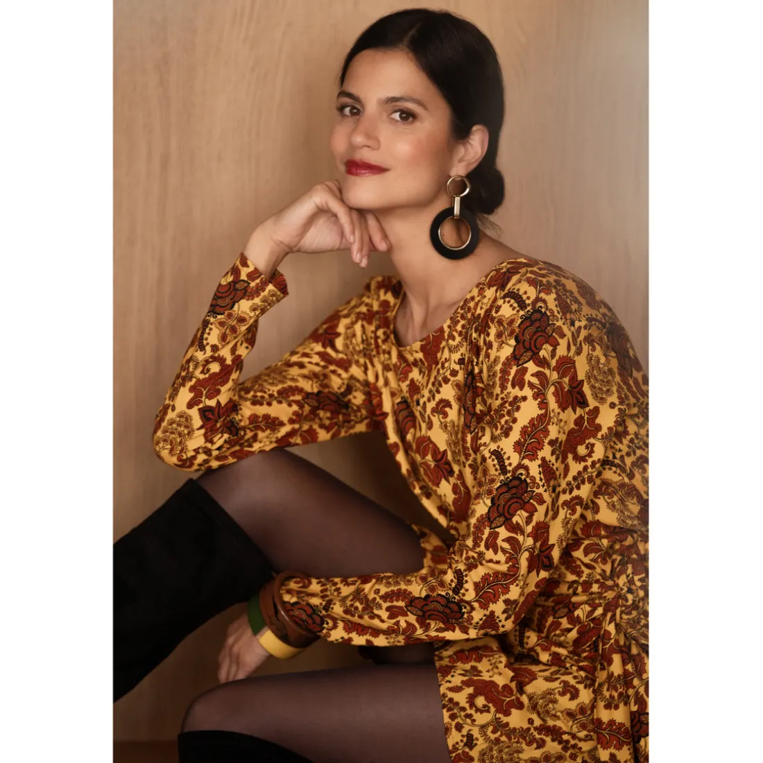 Robe courte imprimée toile de jouy - Valéria jaune en viscose