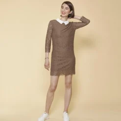 Robe courte manches 3/4 bas ondulés femme - pois marron
