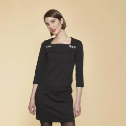 Robe courte manches 3/4 boutons fantaisie femme - Noir