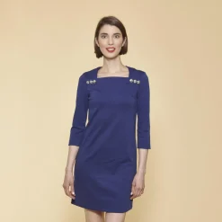 Robe courte manches 3/4 boutons fantaisie femme - Bleu Dur