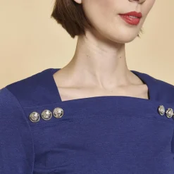 Robe courte manches 3/4 boutons fantaisie femme - Bleu Dur