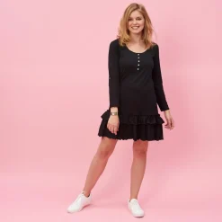 Robe courte manches longues ajustables bas volanté imprimé dos femme - Noir en coton