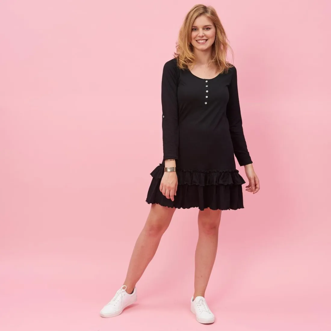 Robe courte manches longues ajustables bas volanté imprimé dos femme - Noir en coton