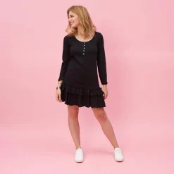 Robe courte manches longues ajustables bas volanté imprimé dos femme - Noir en coton