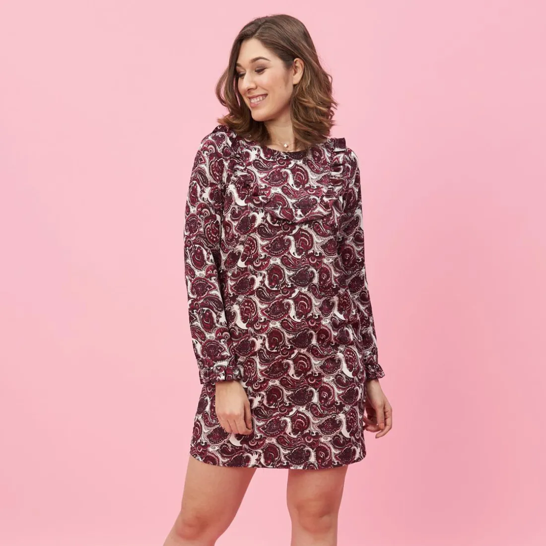 Robe courte manches longues volants femme - Rouge