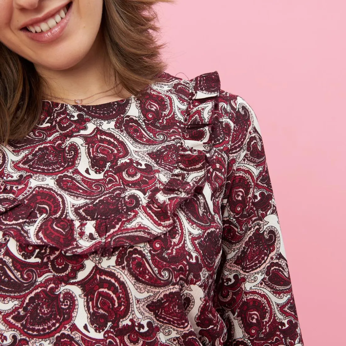 Robe courte manches longues volants femme - Rouge