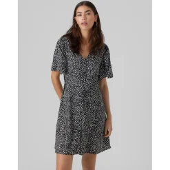 Robe courte Regular Fit Imprimé all over Col en V Manches courtes Court noir Sofia