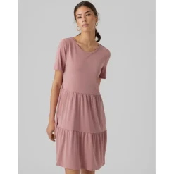 Robe courte Relaxed Fit Col rond Manches 3/4 Au-dessus du genou rose violet en coton modal