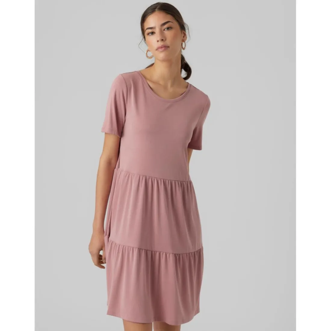 Robe courte Relaxed Fit Col rond Manches 3/4 Au-dessus du genou rose violet en coton modal