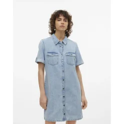 Robe en denim fermeture par bouton court col chemise manches avec revers manches courtes bleu Sam