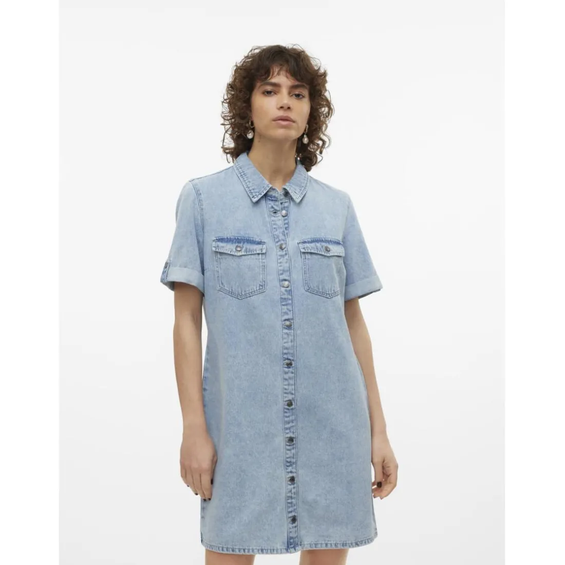 Robe en denim fermeture par bouton court col chemise manches avec revers manches courtes bleu Sam