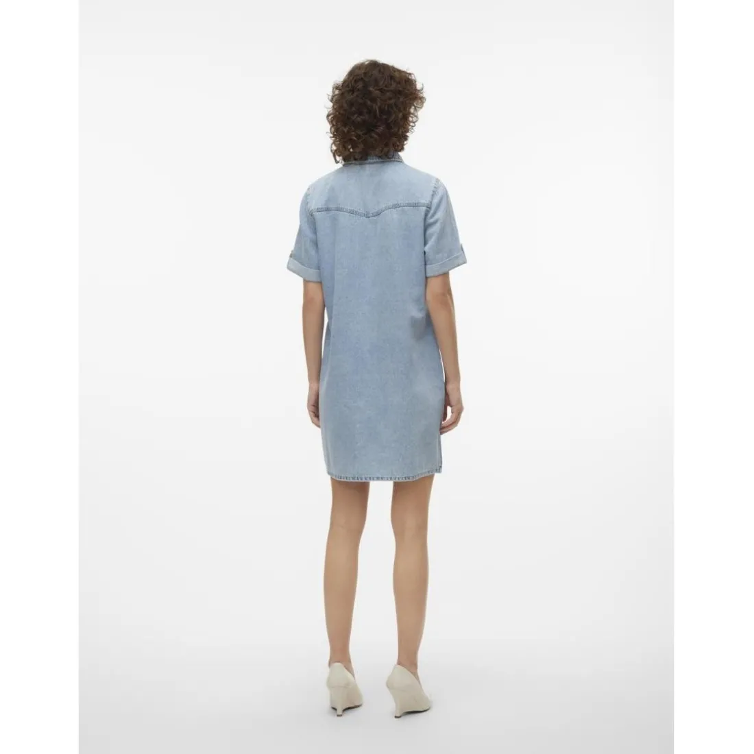 Robe en denim fermeture par bouton court col chemise manches avec revers manches courtes bleu Sam