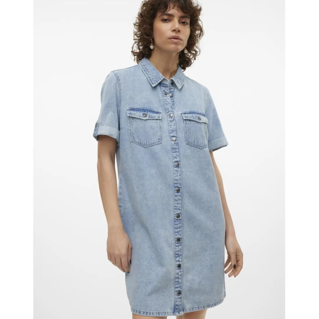 Robe en denim fermeture par bouton court col chemise manches avec revers manches courtes bleu Sam