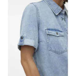 Robe en denim fermeture par bouton court col chemise manches avec revers manches courtes bleu Sam