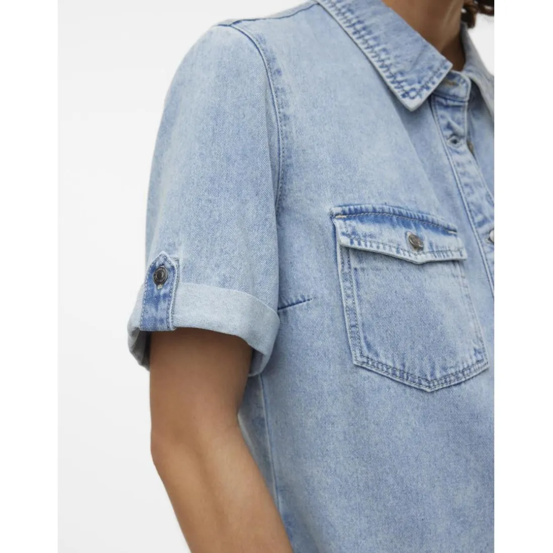 Robe en denim fermeture par bouton court col chemise manches avec revers manches courtes bleu Sam