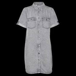 Robe en denim fermeture par bouton court col chemise manches avec revers manches courtes gris Bella