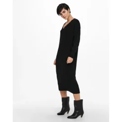 Robe en maille Col en V Manches longues Au-dessus du genou noir