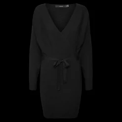 Robe en maille fermeture à scratch au-dessus du genou poignets côtelés col en v manches chauve-souris manches longues noir Sue
