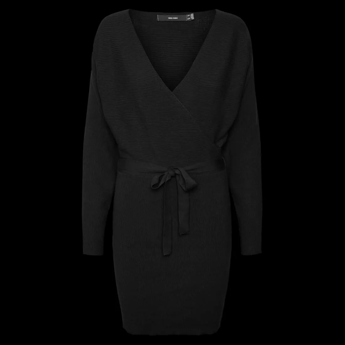 Robe en maille fermeture à scratch au-dessus du genou poignets côtelés col en v manches chauve-souris manches longues noir Sue