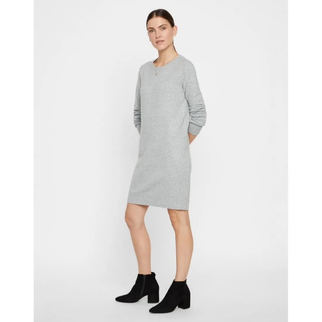Robe en maille Relaxed Fit Col rond Manches longues Au-dessus du genou gris
