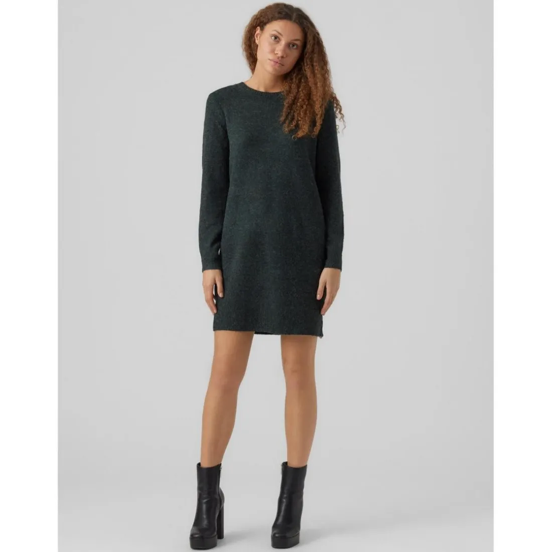 Robe en maille Relaxed Fit Col rond Manches longues Au-dessus du genou vert