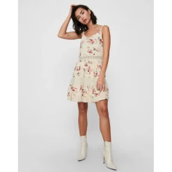 Robe Imprimé all over Col en V Sans manches Dentelle féminine Longueur mini beige