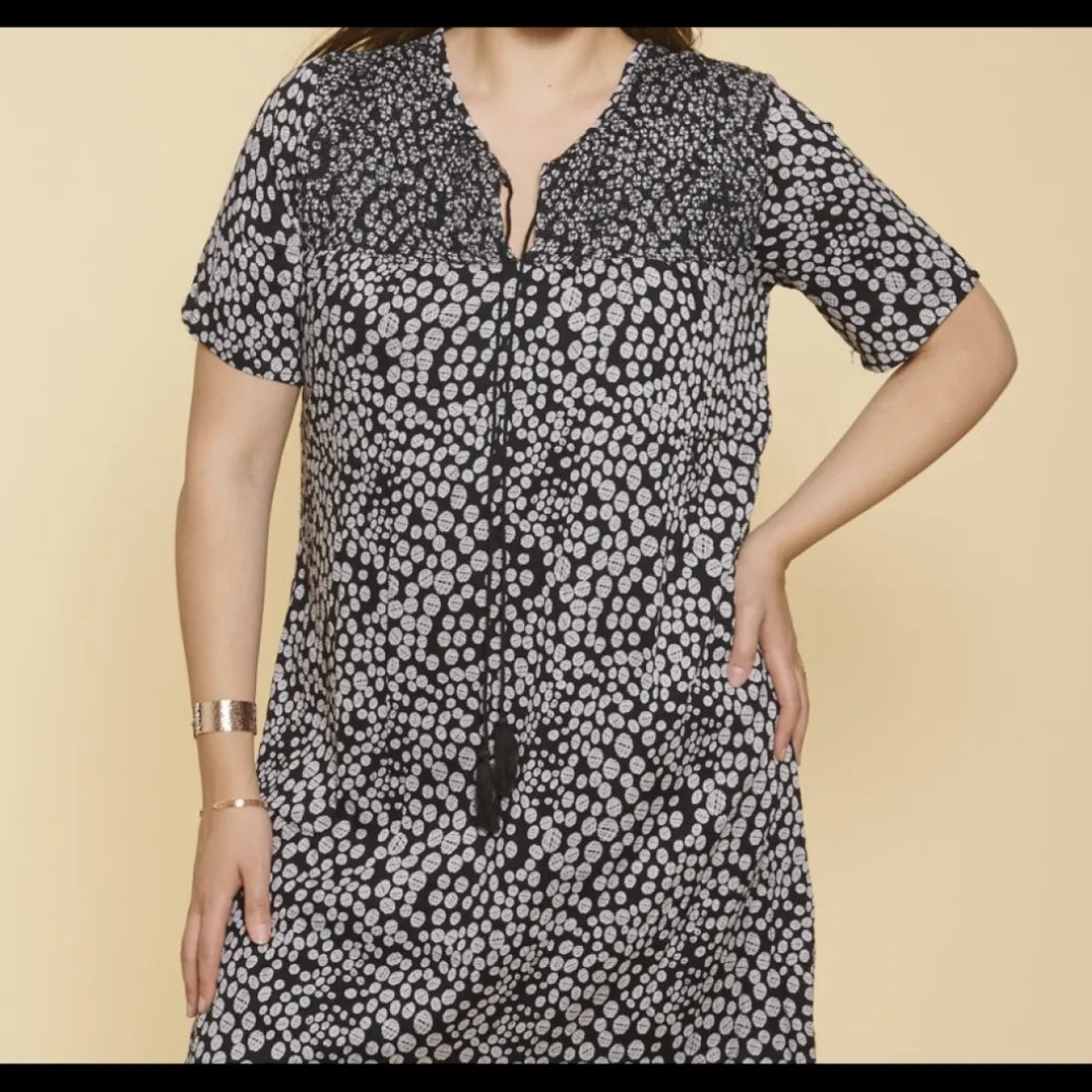 Robe imprimée nid d'abeille manches courtes femme - Imprimé Noir et Blanc en coton