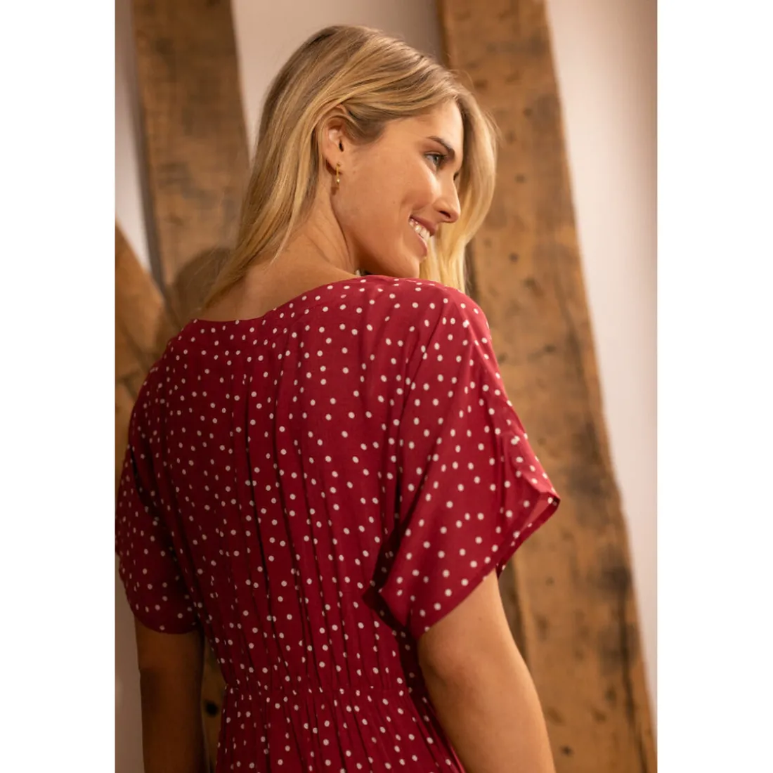 Robe longue boutonnée à pois Lila Réédition bordeaux en viscose