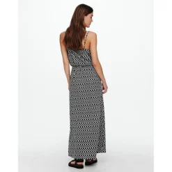 Robe longue Imprimé all over Col en U Sans manches Découpe à la taille Longueur maxi noir Ora