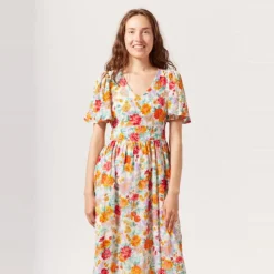 Robe longue imprimée écru