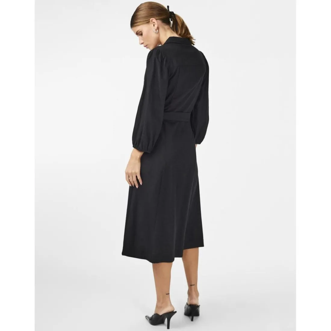 Robe longue manches 3/4 noir en lin