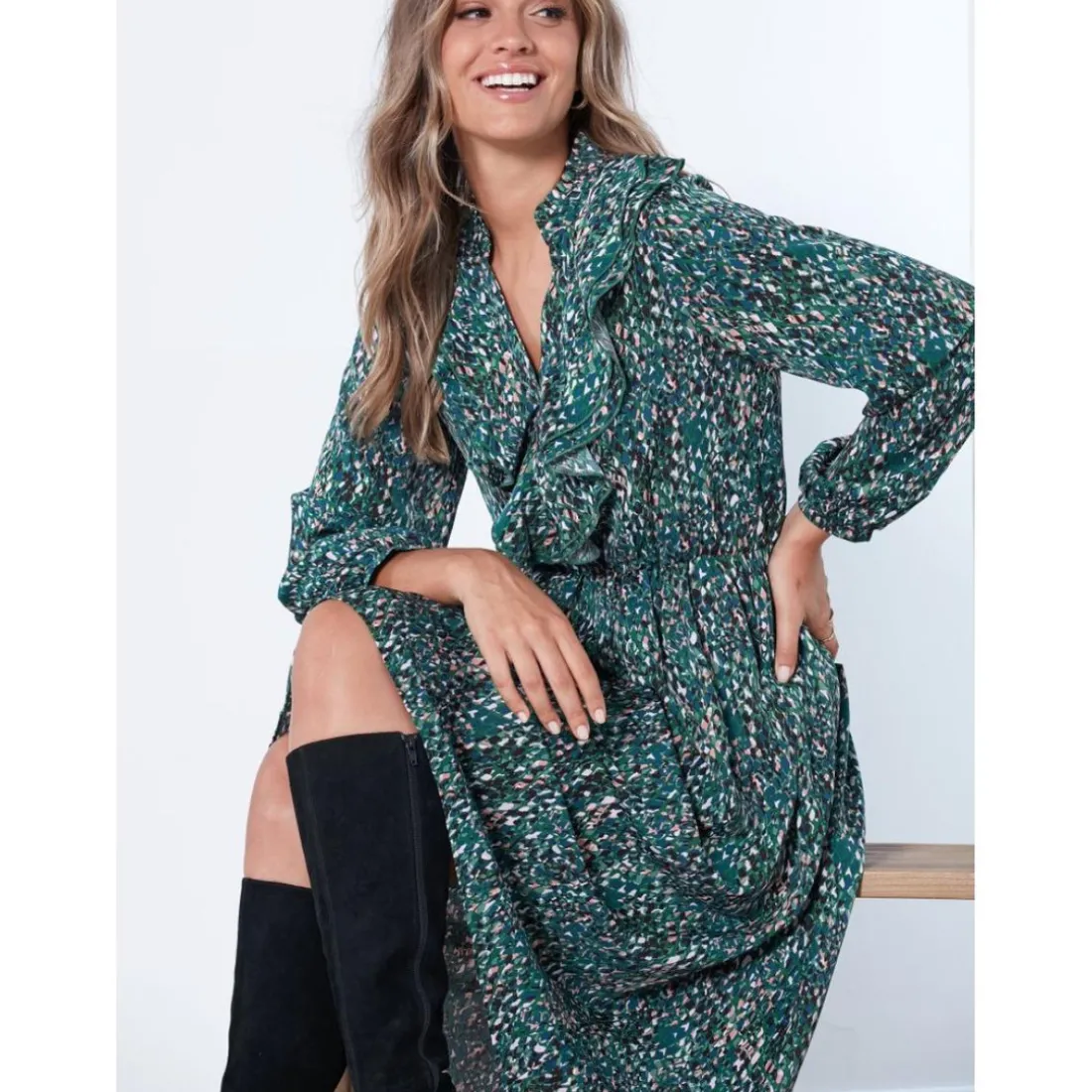 Robe longue multicolore avec ourlet asymétrique - Verte en viscose