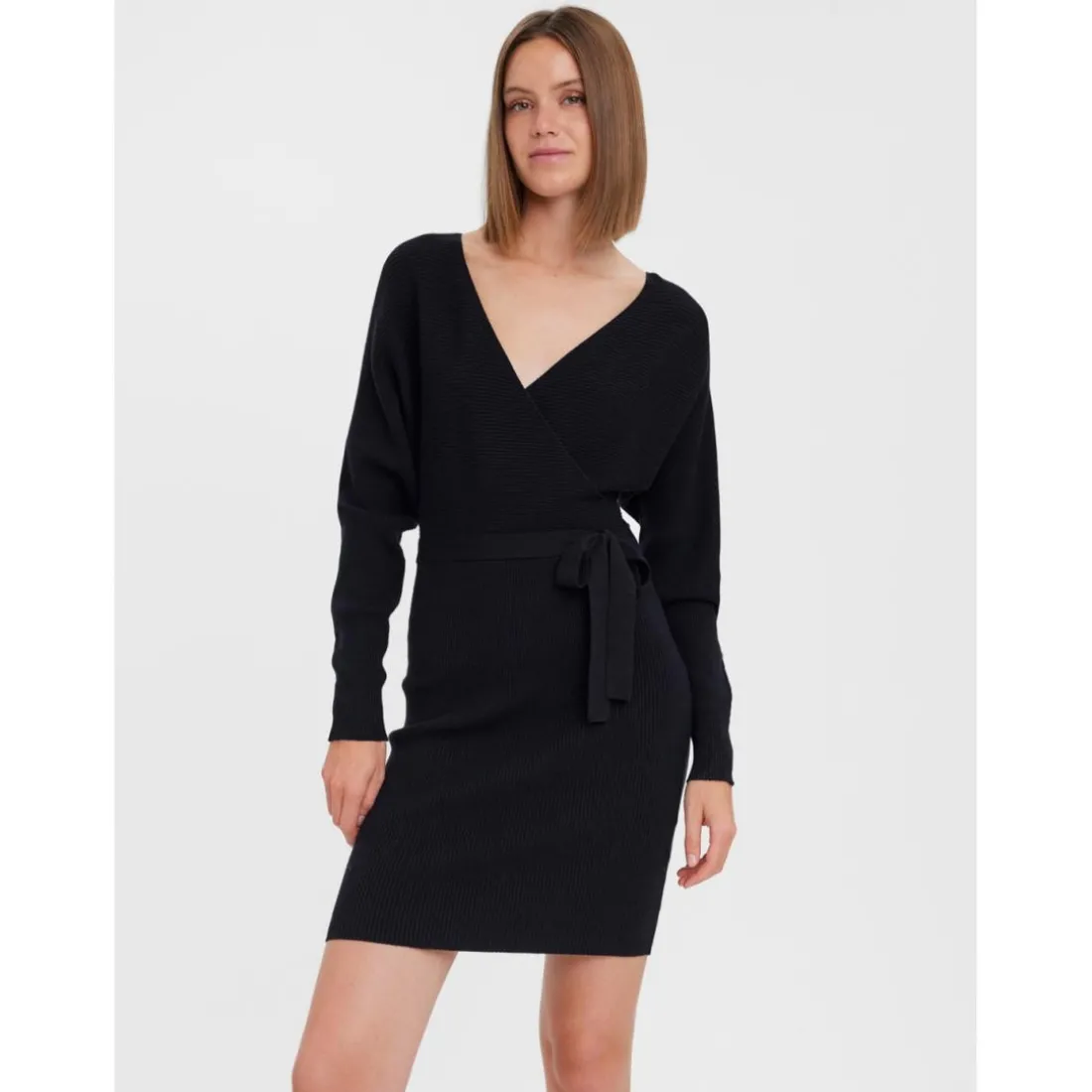 Robe longue Regular Fit Col en V Manches longues Au-dessus du genou noir